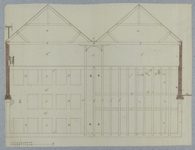214951 Doorsnede van een van de gebouwen van de cavalleriekazerne te Utrecht.